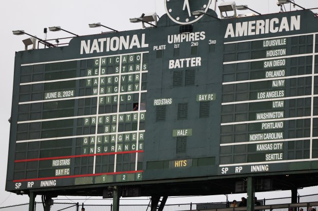 The scoreboard is set for the Chicago Red Stars game against Bay FC at Wrigley Field on June 8, 2024. (Eileen T. Meslar/Chicago Tribune)