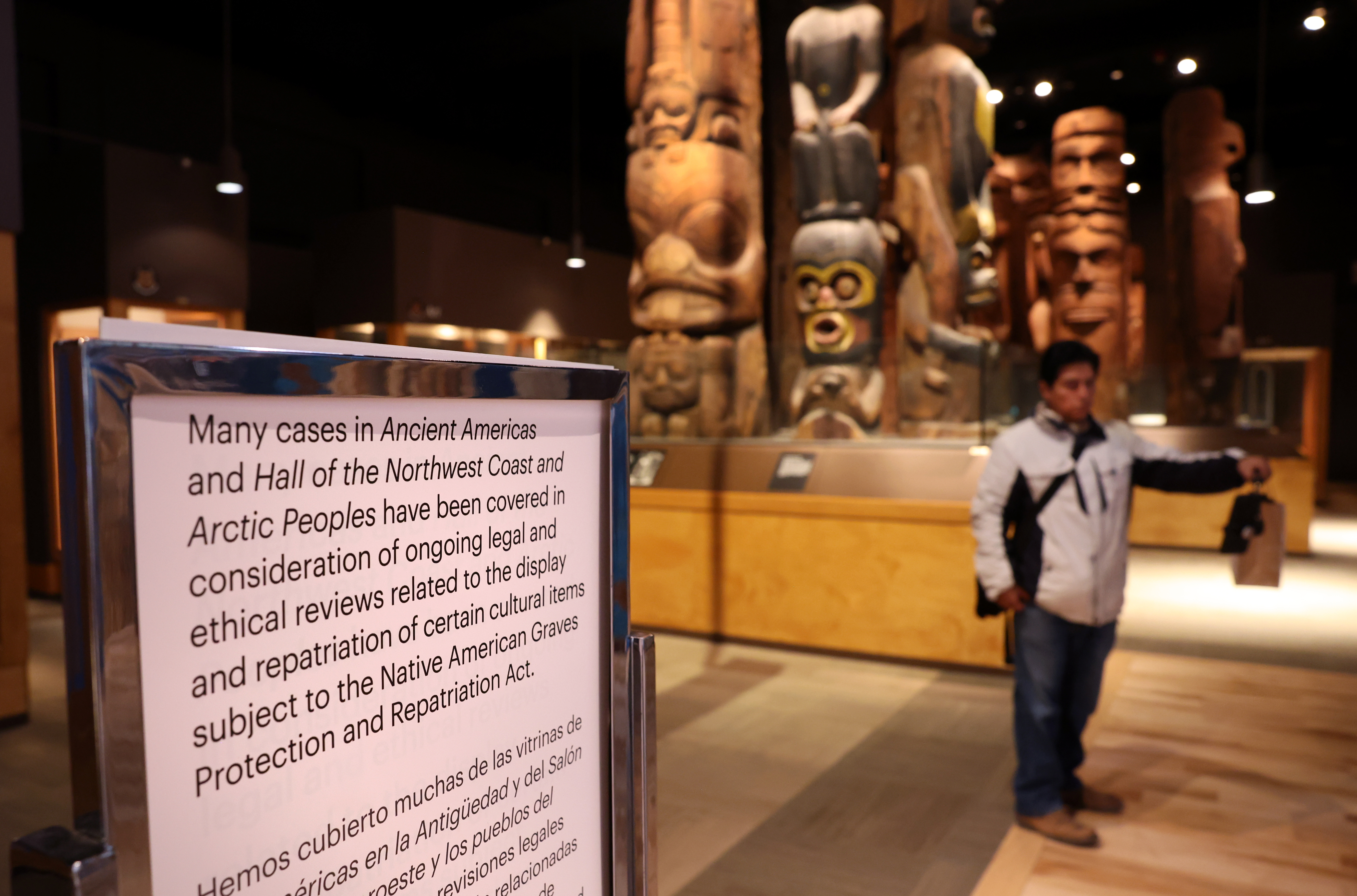 Messages for the public greet people upon arrival in the Halls of the Ancient Americas and the Hall of Northwest Coast and Arctic Peoples at the Field Museum in Chicago on Jan. 18, 2024. Messages for the public greet people upon arrival in the Halls of the Ancient Americas and the Hall of Northwest Coast and Arctic Peoples at the Field Museum in Chicago on Jan. 18, 2024.